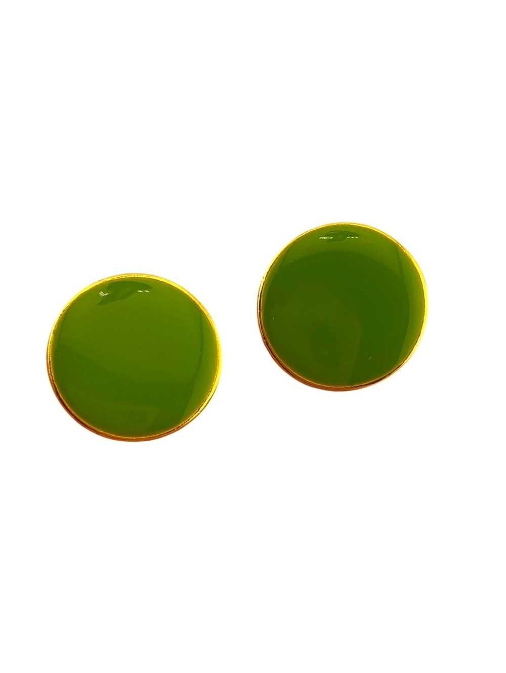 Vintage ART Lime Green Gold Tone Round Flat Button Enamel Clip Earrings 7/8"